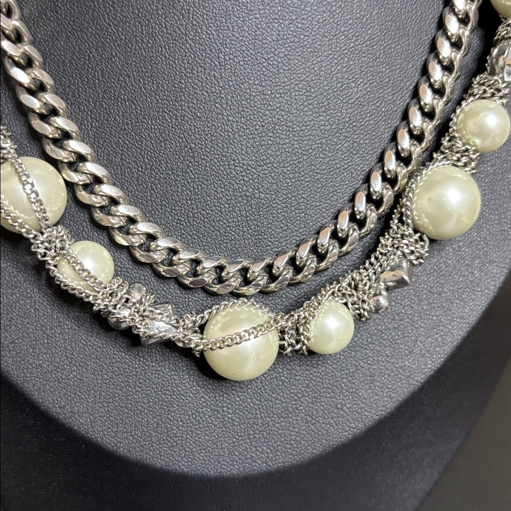 Givenchy Statement Layered Faux Pearl Rhinestone Chain Necklace Luxury - Picture 2 of 9